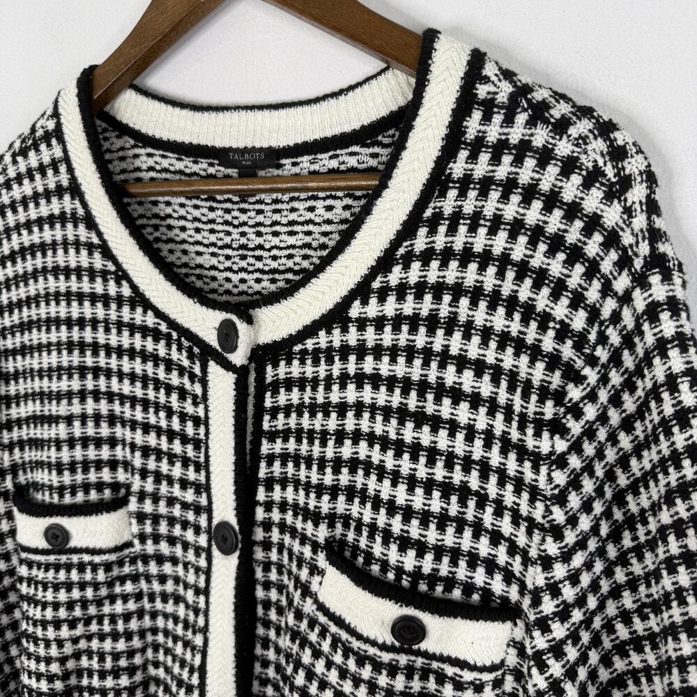 Talbots Cardigan Sweater 3X Black White Check Knit Button Short Sleeve Womens